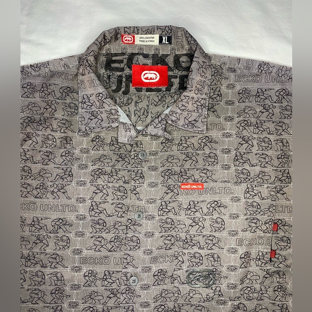 Vintage Marc Ecko Shirt Mens XL Gray Button Up Rhino AOP Hip Hop Grunge